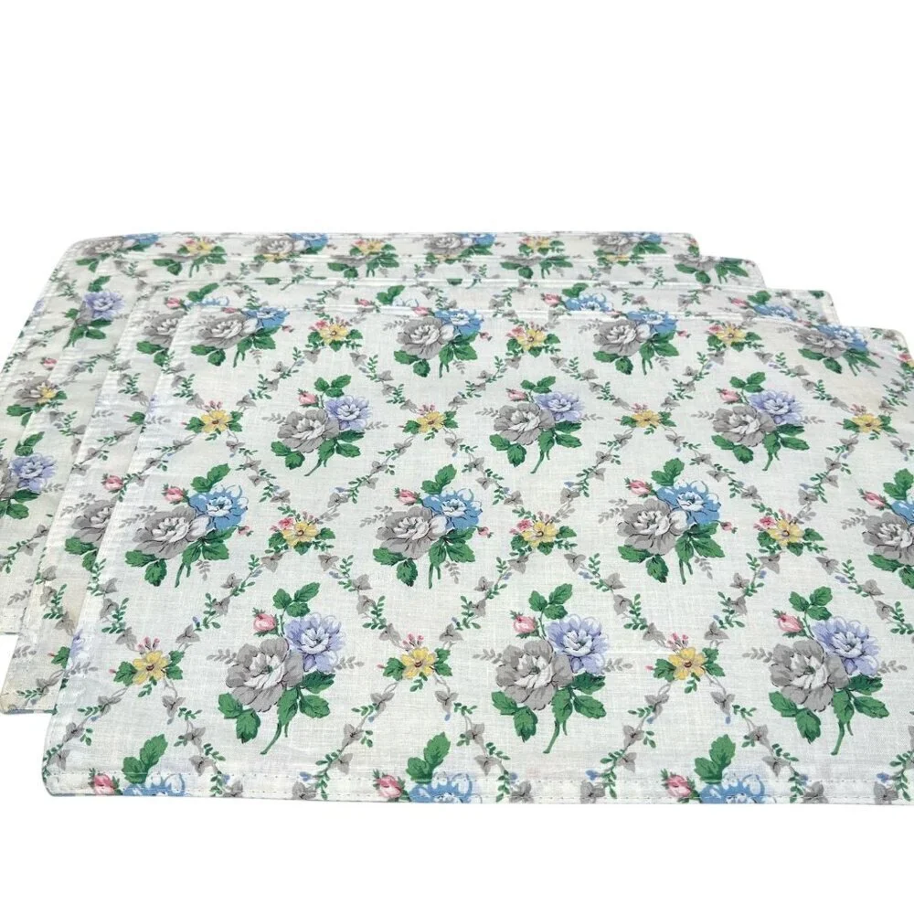 Martha Stewart Placemats Set 4 Blue Floral Cloth Cottage Shabby Chic Reversible